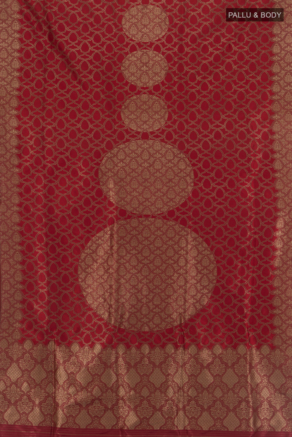 Flat view of Maroon Banarasi Silk Saree with Zari Butta on the body and Zari Border. 