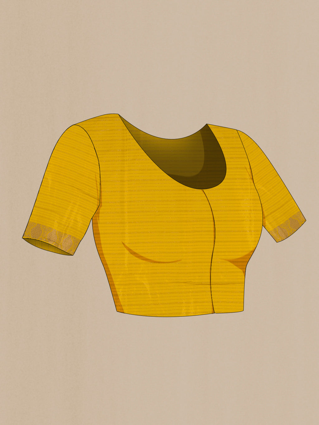 Close up image of the blouse of Yellow Banarasi Silk Saree with Zari Butta on the body and Zari Border. 
