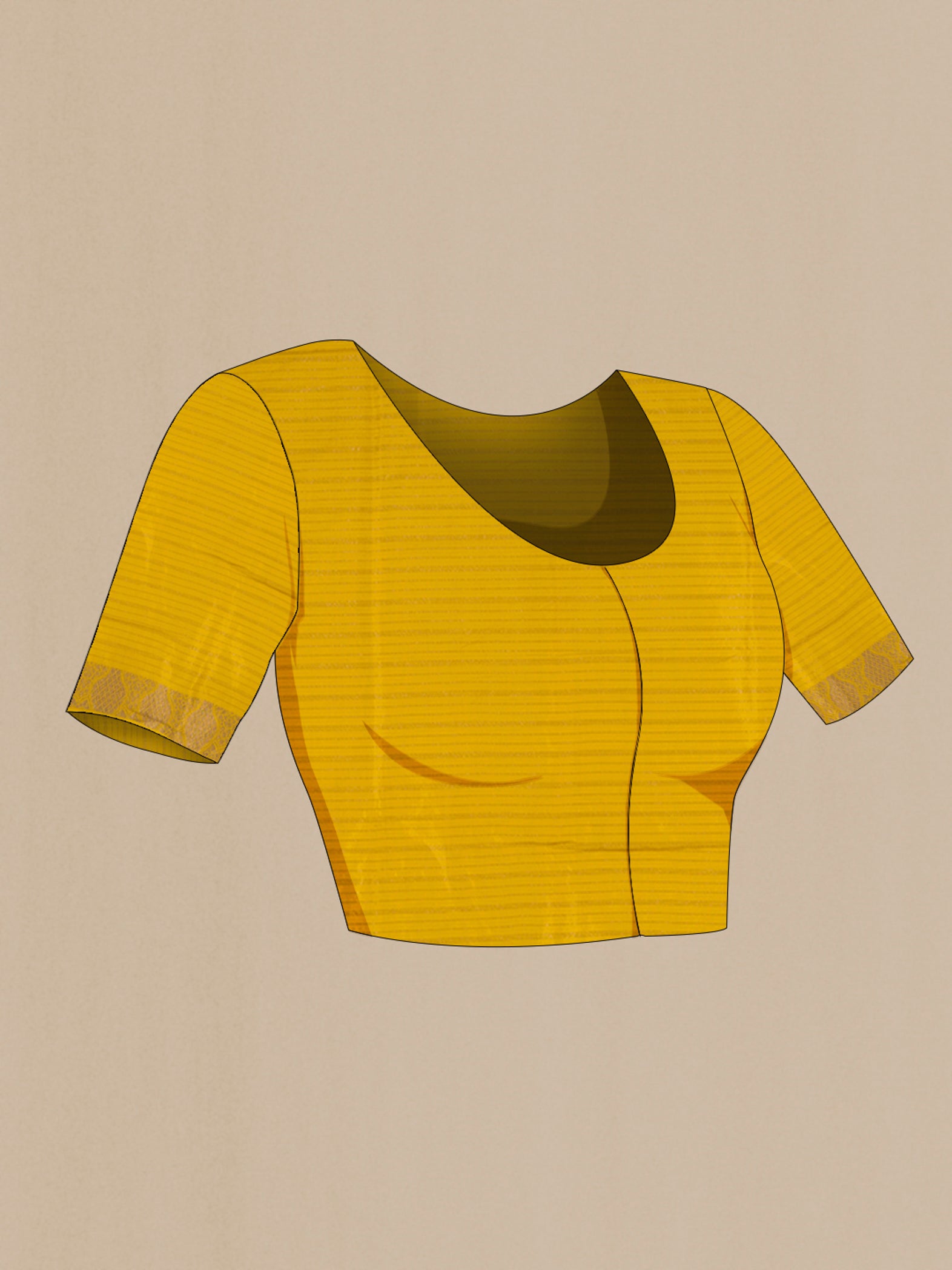 Close up image of the blouse of Yellow Banarasi Silk Saree with Zari Butta on the body and Zari Border. 