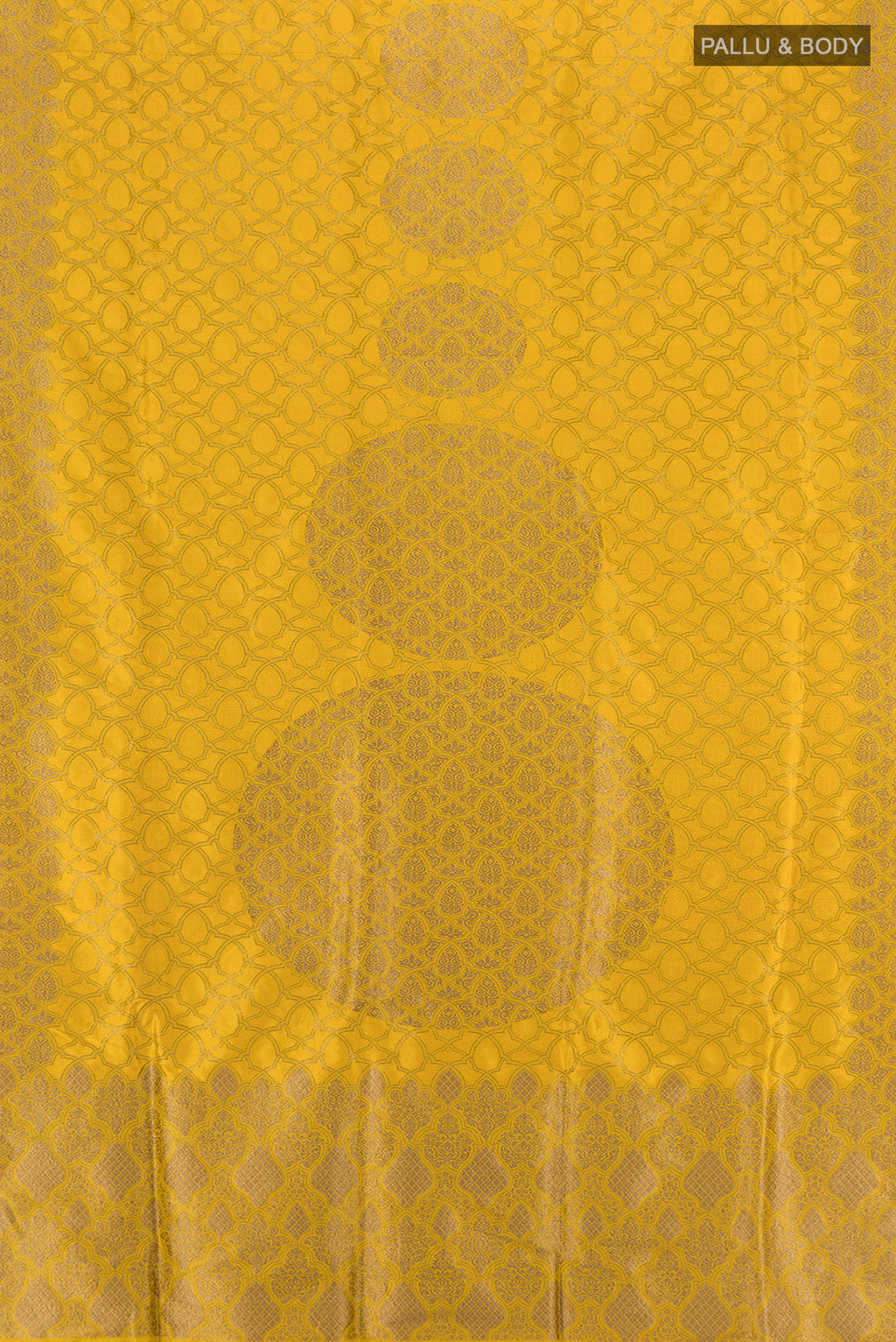 Flat view of Yellow Banarasi Silk Saree with Zari Butta on the body and Zari Border. 