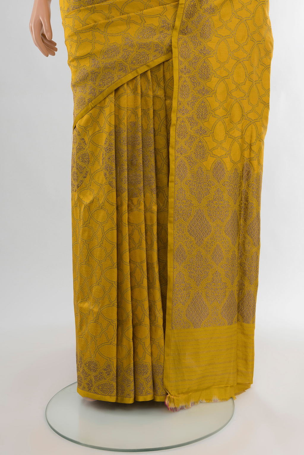 Pleats and pallu of Yellow Banarasi Silk Saree with Zari Butta on the body and Zari Border. 