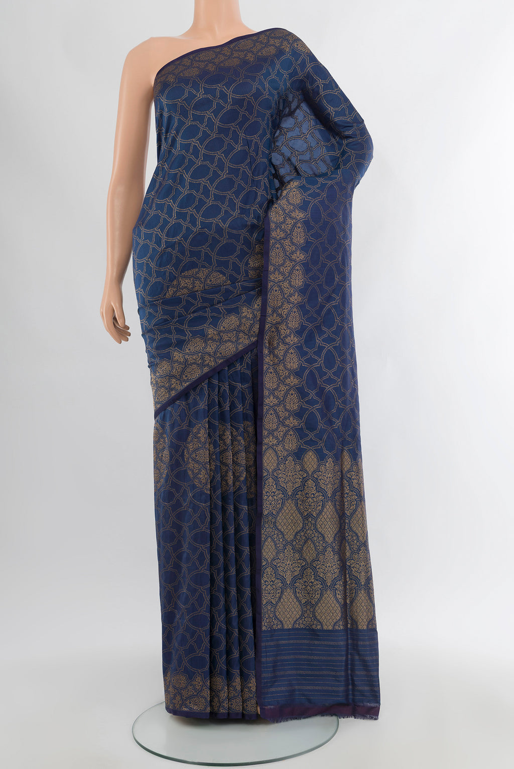 Blue Banarasi Silk Saree with Zari Butta on the body and Zari Border.  displayed on a mannequin