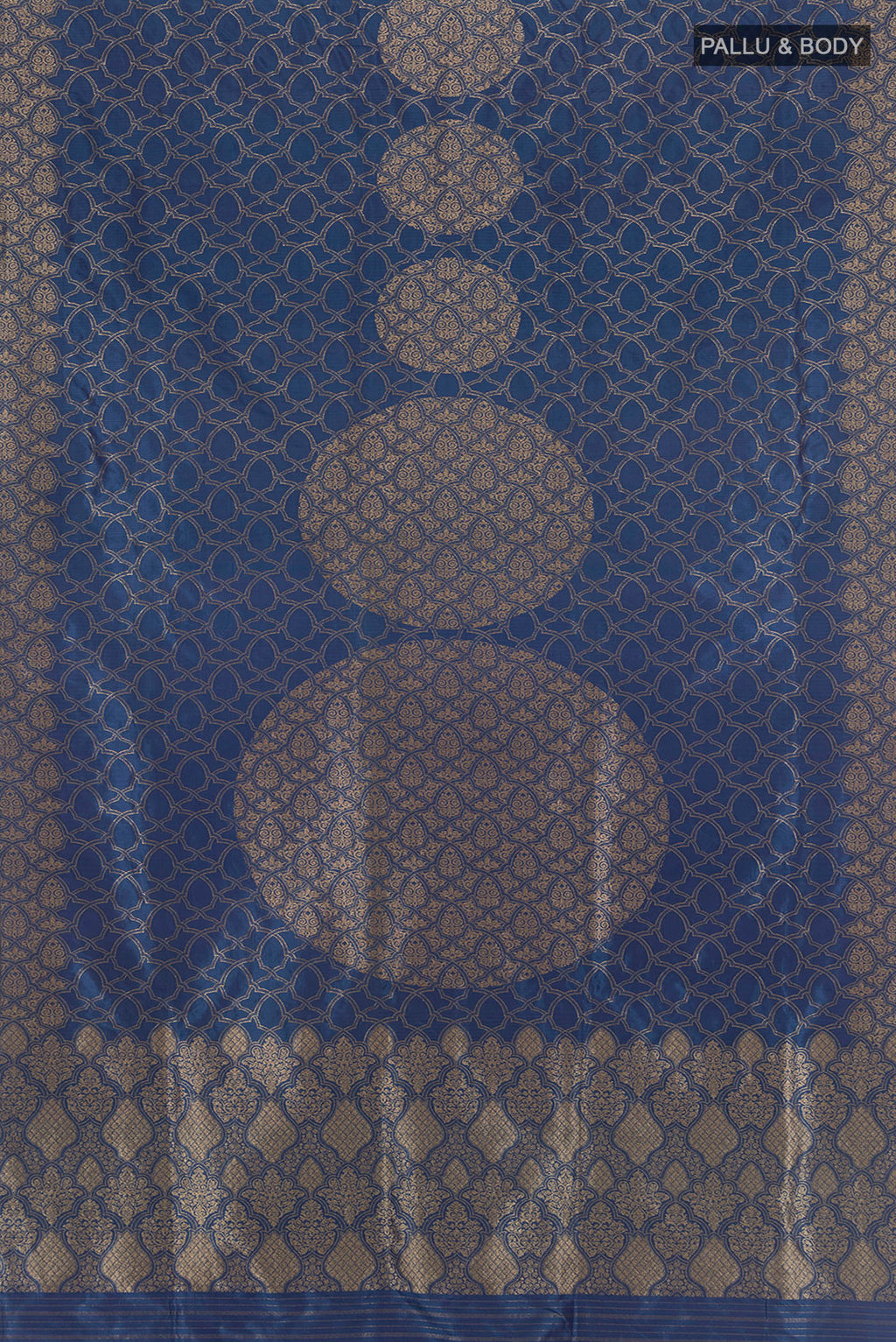 Flat view of Blue Banarasi Silk Saree with Zari Butta on the body and Zari Border. 