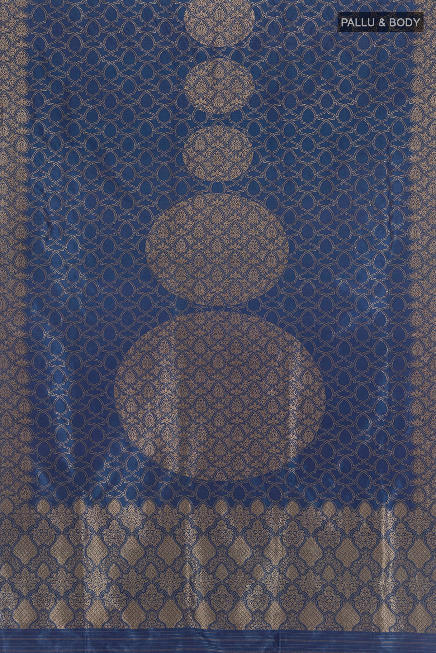Flat view of Blue Banarasi Silk Saree with Zari Butta on the body and Zari Border. 