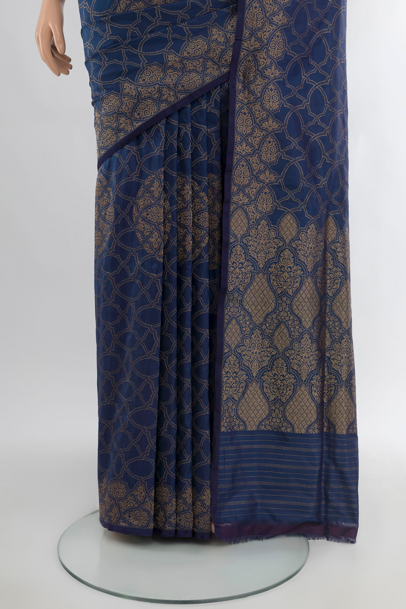 Pleats and pallu of Blue Banarasi Silk Saree with Zari Butta on the body and Zari Border. 