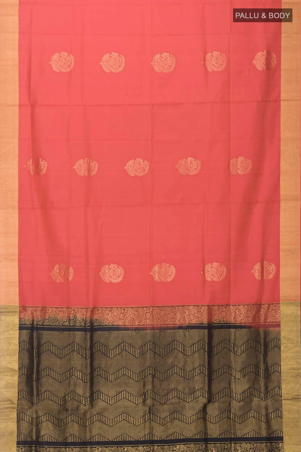 Flat view of Red Soft Silk Saree with Zari Butta on the body and Zari Border
