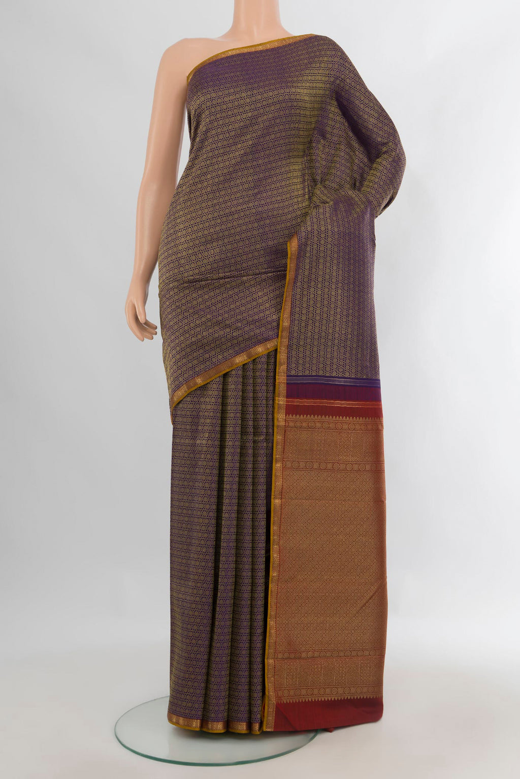 Pure Silk Navy Blue Kanjivaram Saree with Jacquard design on the body and Zari Border.  displayed on a mannequin