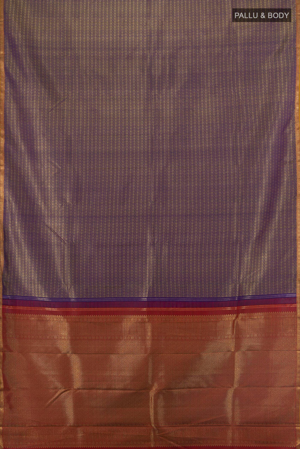 Flat view of Pure Silk Navy Blue Kanjivaram Saree with Jacquard design on the body and Zari Border. 