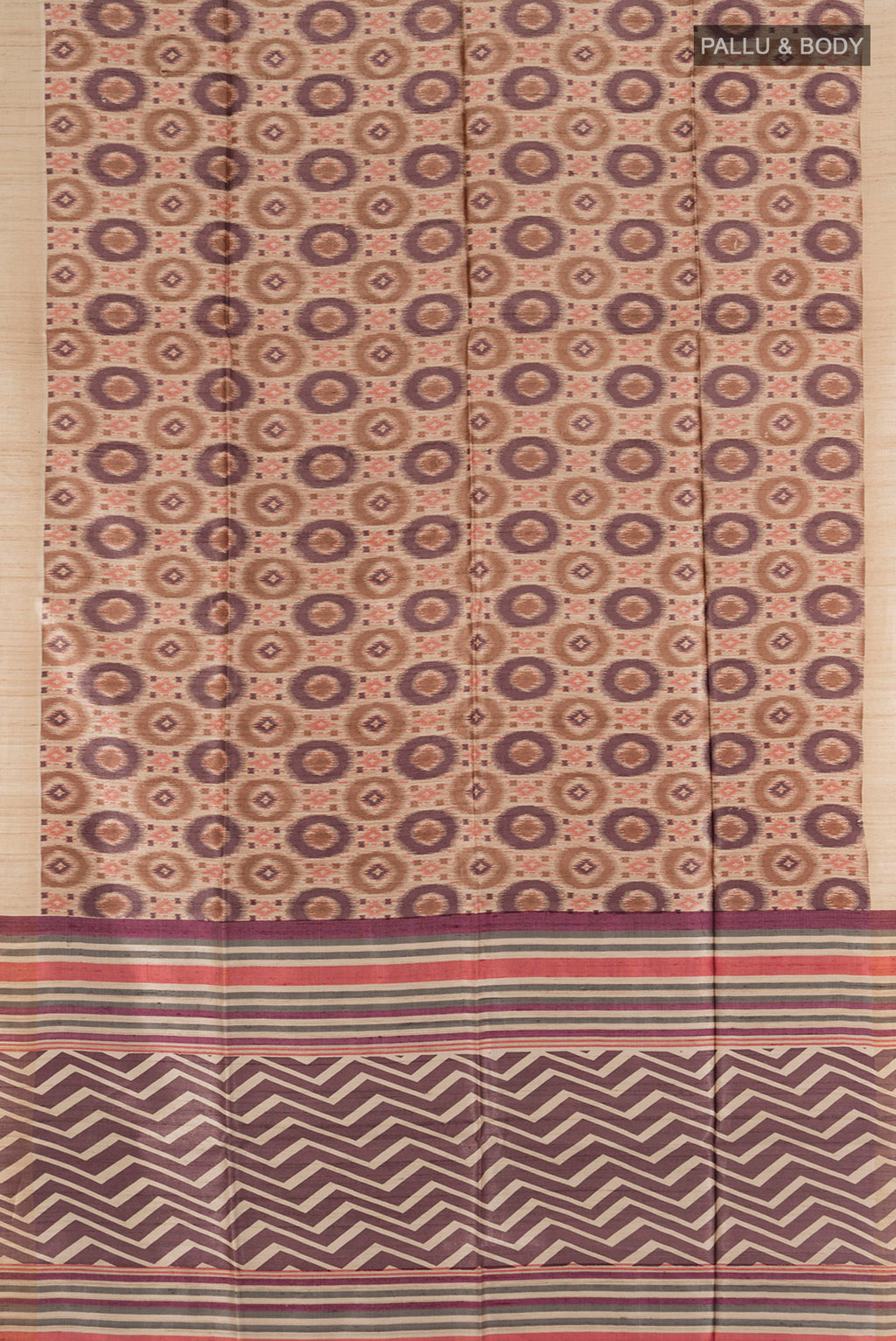Flat view of Beige Tussar Silk Saree with Floral Print on the body and Zari Border. 