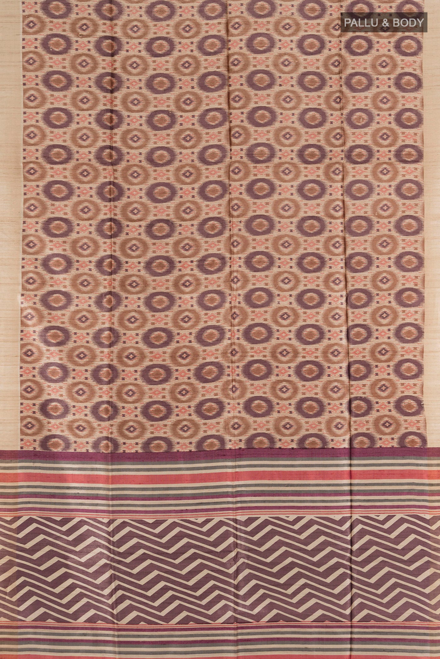 Flat view of Beige Tussar Silk Saree with Floral Print on the body and Zari Border. 