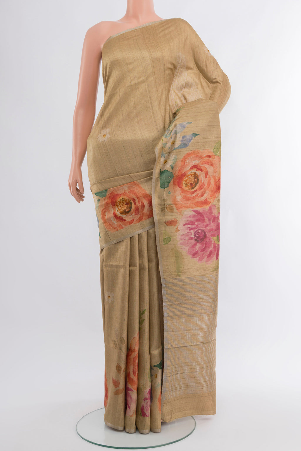 Beige Tussar Silk Saree with Floral Print on the body and Without Border.  displayed on a mannequin