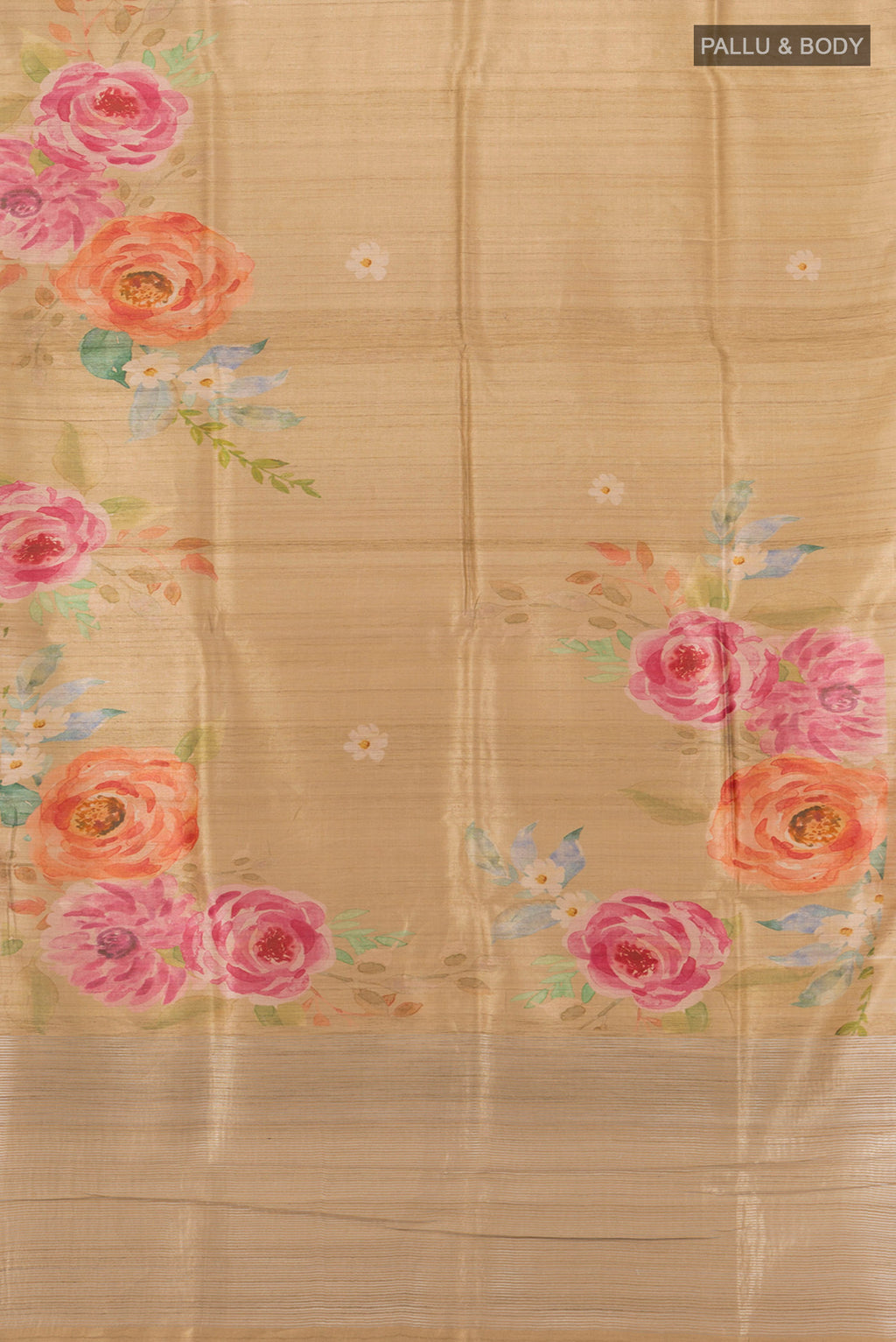 Flat view of Beige Tussar Silk Saree with Floral Print on the body and Without Border. 