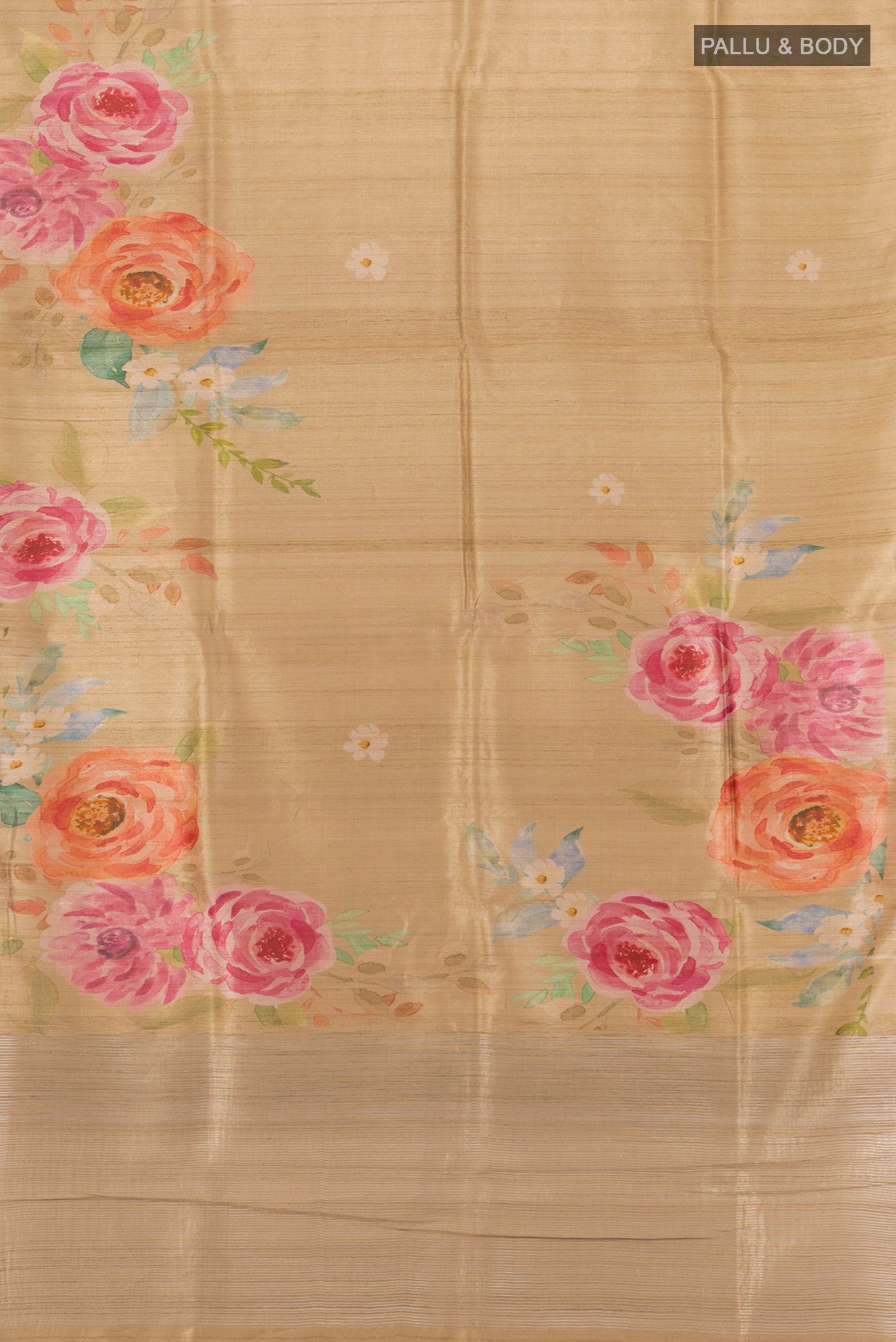 Flat view of Beige Tussar Silk Saree with Floral Print on the body and Without Border. 