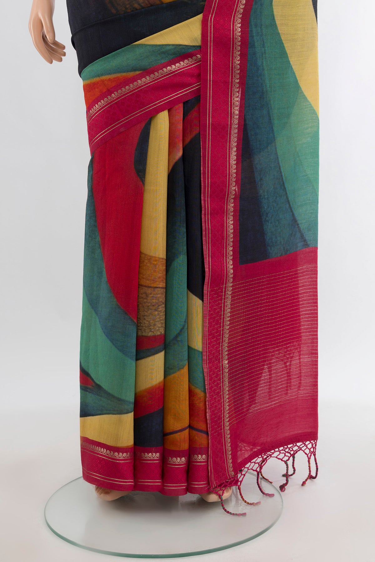 Pleats and pallu of Multi Color Tussar Silk Saree with Fancy on the body and Zari Border. 