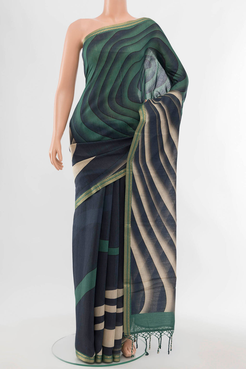 Navy Blue Tussar Silk Saree with Floral Print on the body and Silk Border displayed on a mannequin