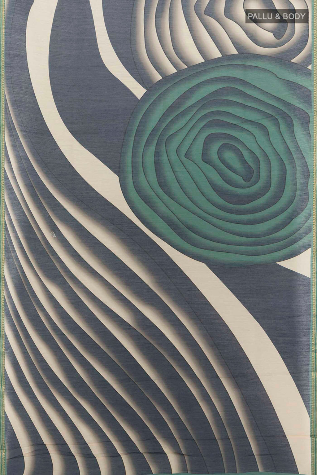 Flat view of Navy Blue Tussar Silk Saree with Floral Print on the body and Silk Border