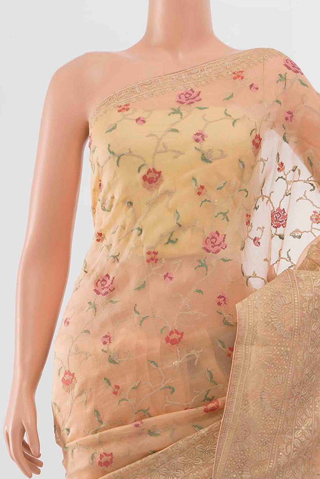 Border image of Peach Tussar Silk Saree with Embroidery on the body and Embroidery Border