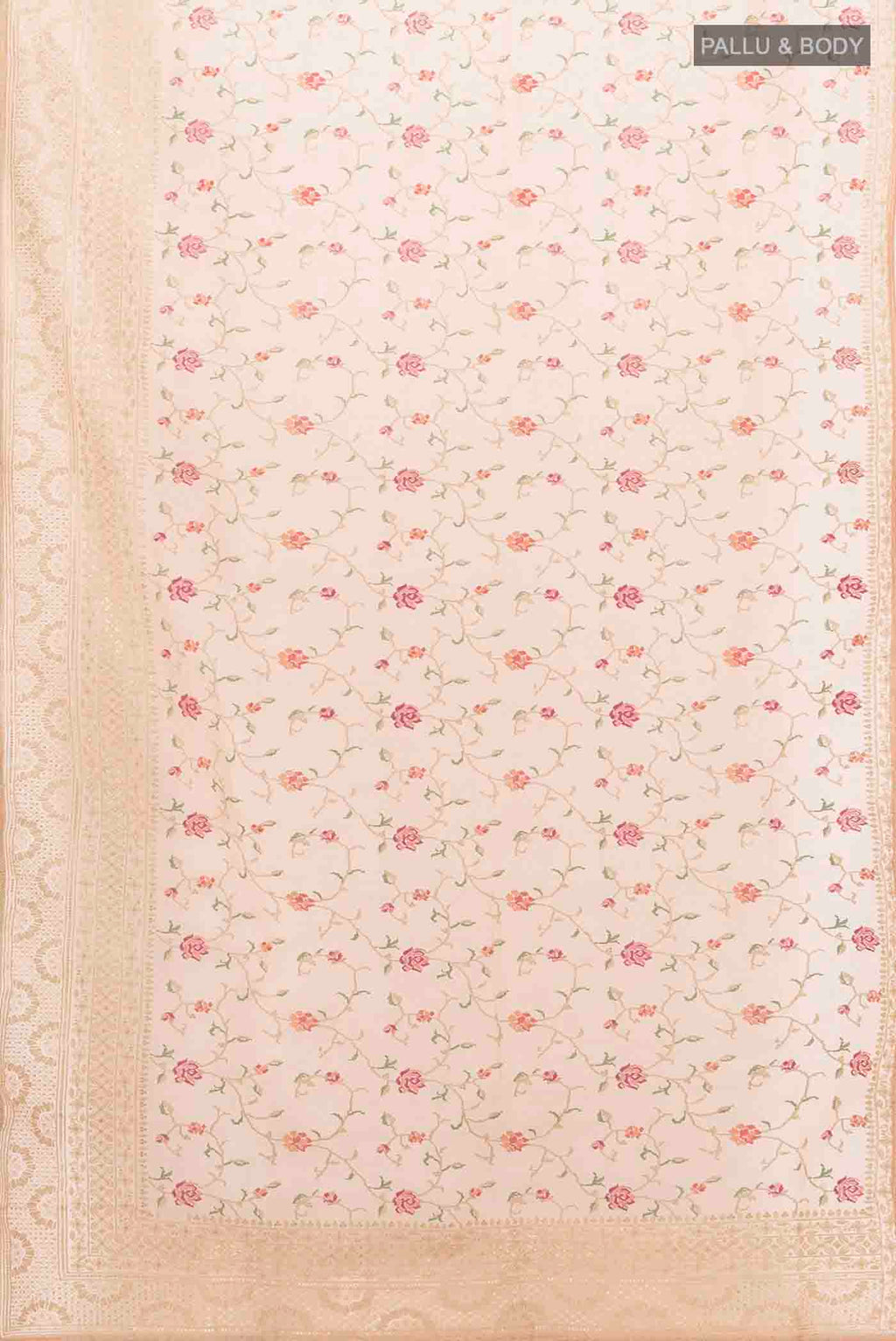 Flat view of Peach Tussar Silk Saree with Embroidery on the body and Embroidery Border