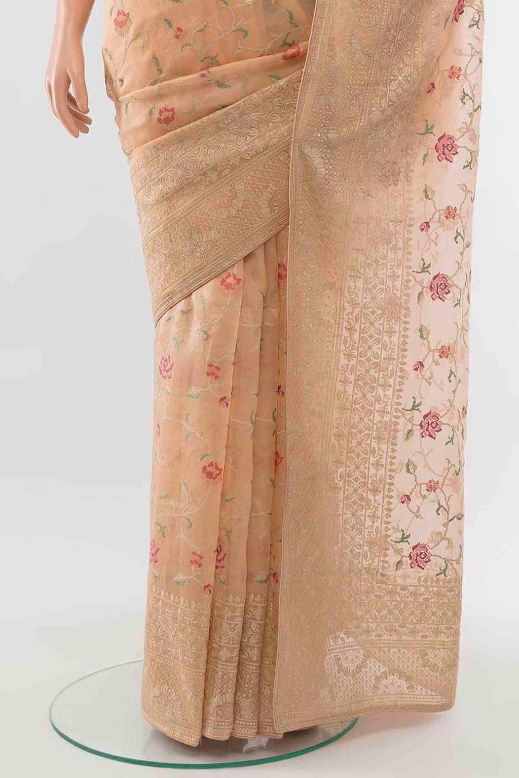Pleats and pallu of Peach Tussar Silk Saree with Embroidery on the body and Embroidery Border