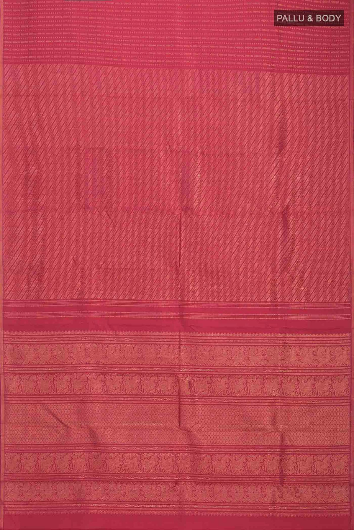 Flat view of Pure Silk Pure Zari Maroon Kanchipuram Saree with Zari Brocade on the body and Zari Border