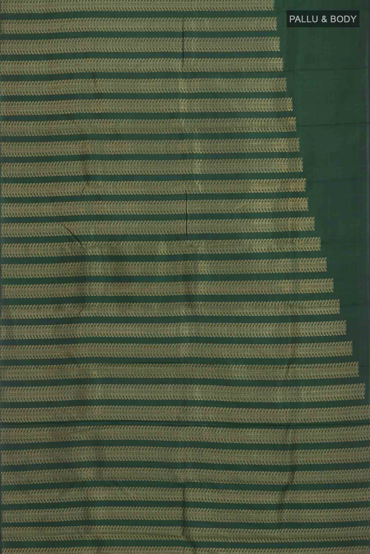Flat view of Green Kanchipuram Silk Saree with Stripes on the body and Without Border