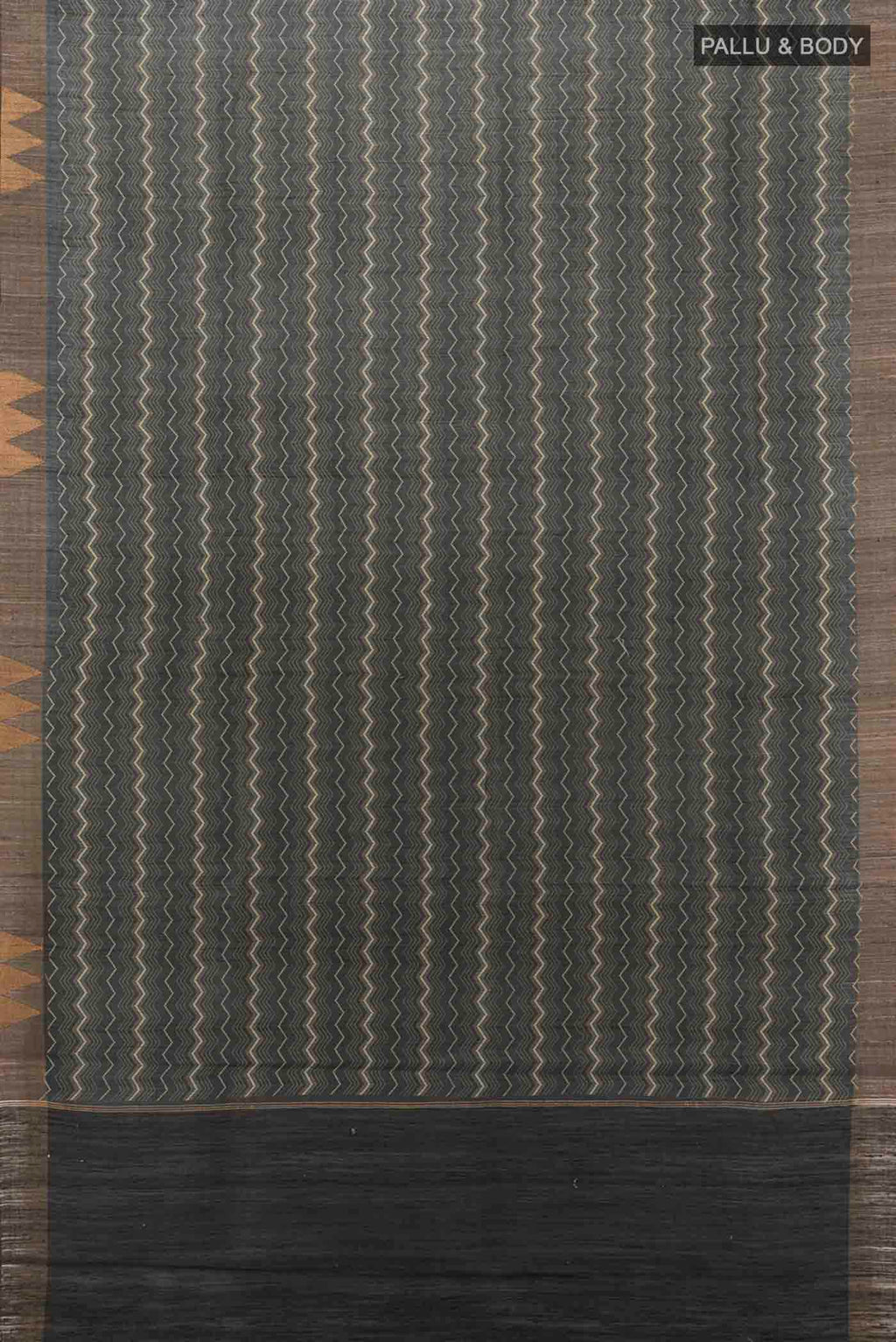 Flat view of Black Tussar Silk Saree with Zari Butta on the body and Silk Border