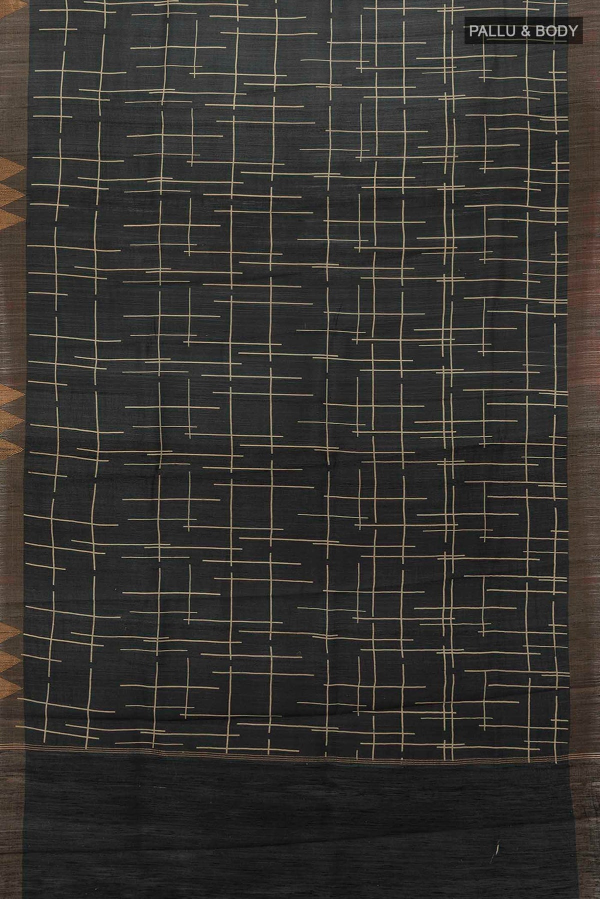 Flat view of Grey Tussar Silk Saree with Printed design on the body and Zari Border