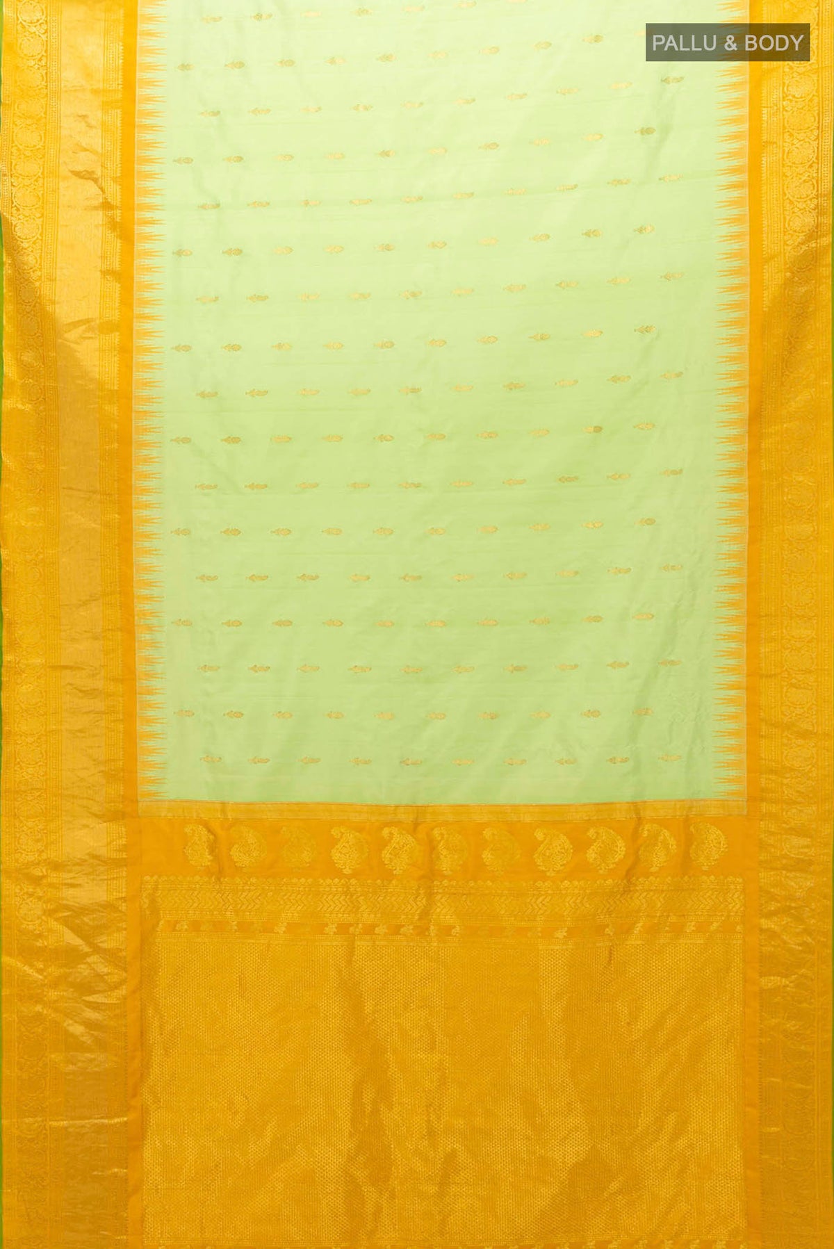 Flat view of Pista Green Gadwal Silk Saree with Zari Brocade on the body and Silk Border