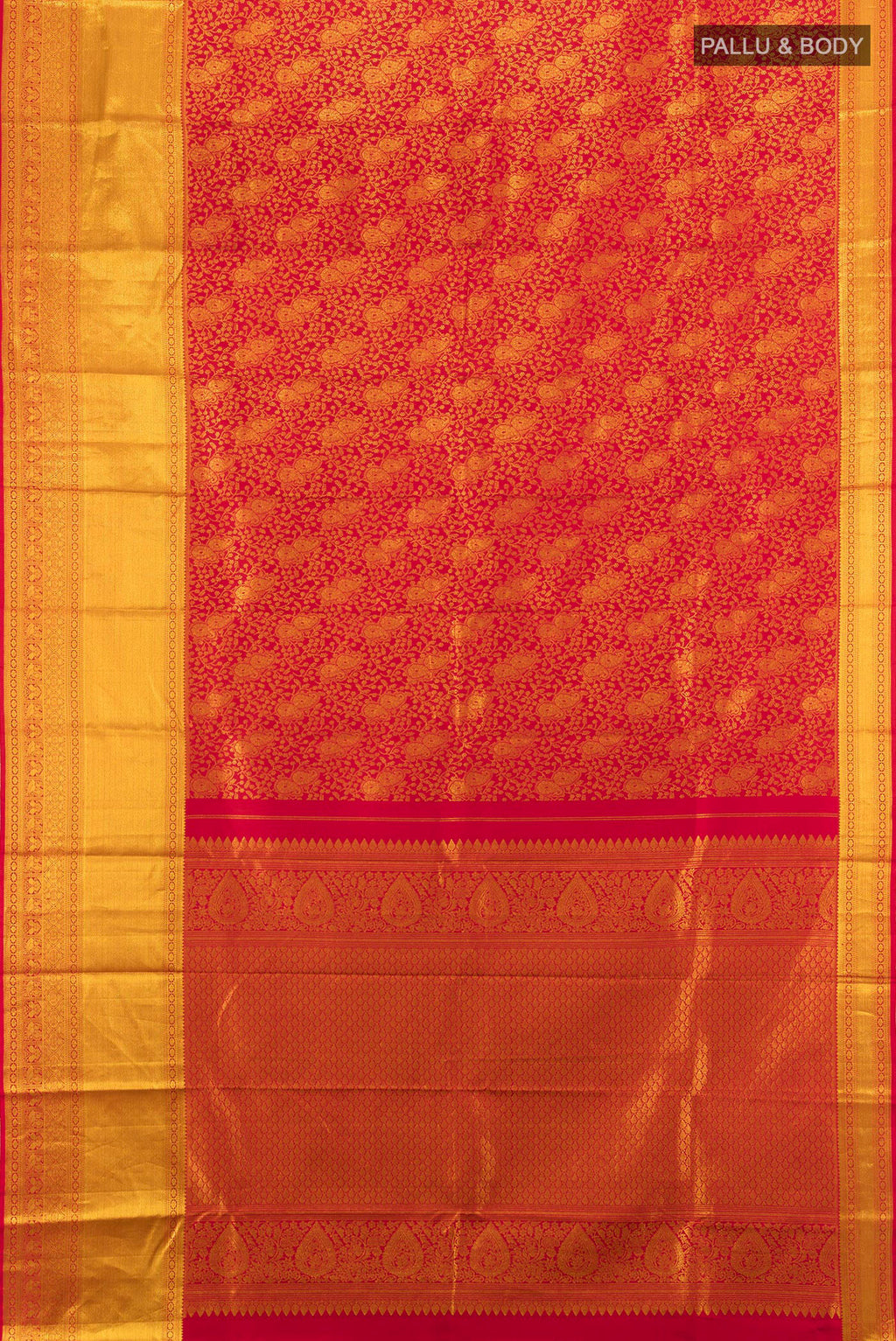 Flat view of Red Kanjivaram Silk Saree with Zari Brocade on the body and Zari Border. 