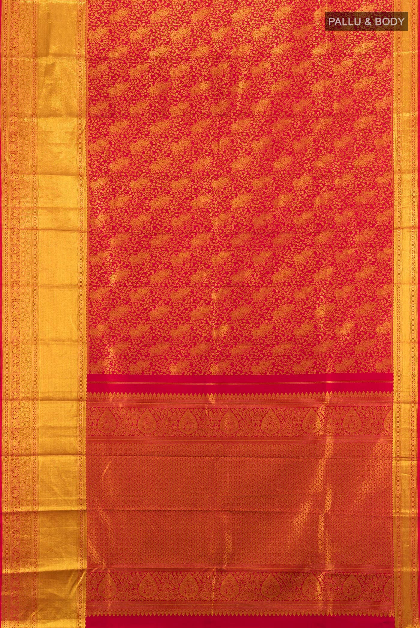 Flat view of Red Kanjivaram Silk Saree with Zari Brocade on the body and Zari Border. 
