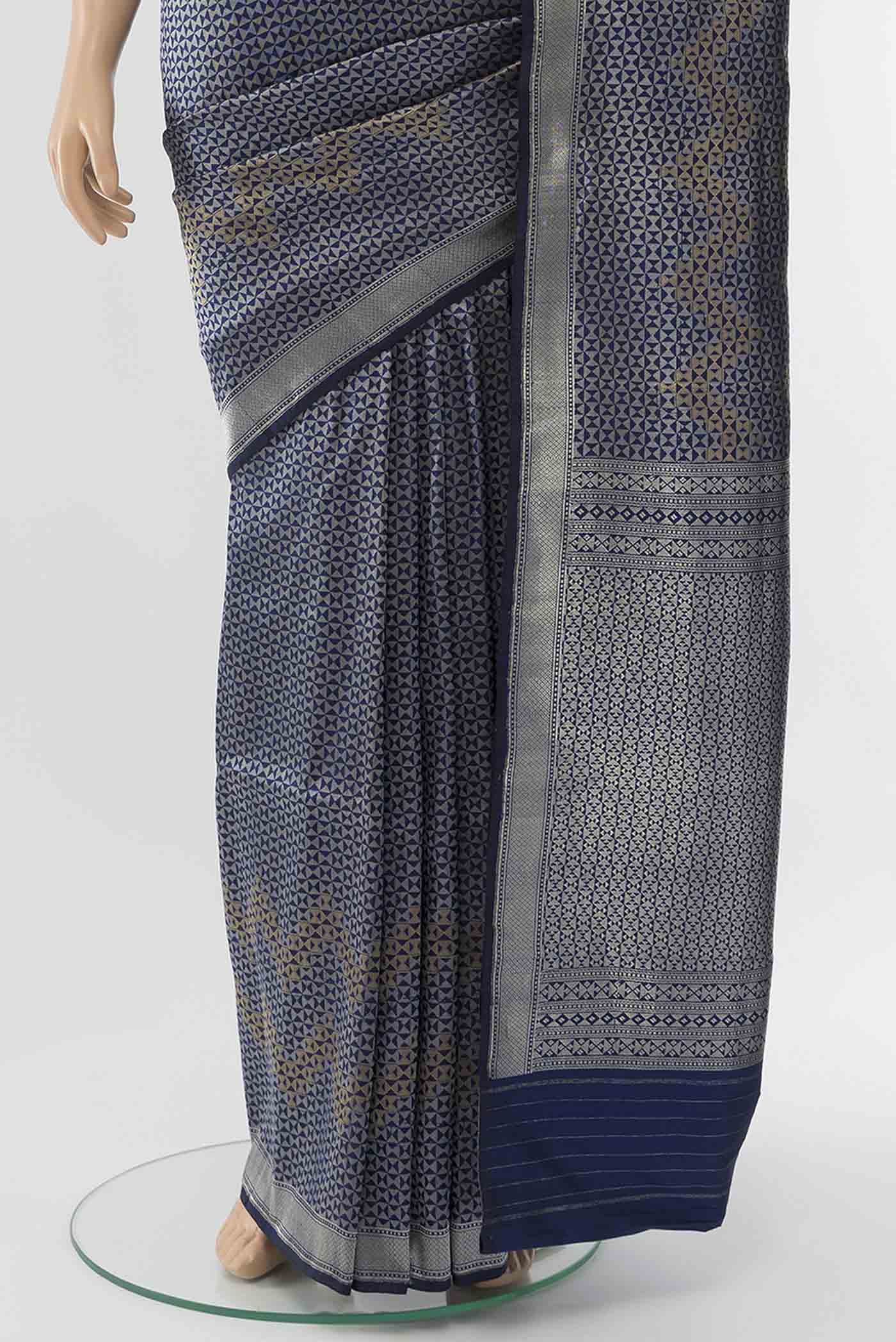 Pleats and pallu of Navy Blue Banarasi Katan Silk Saree with Zari Butta on the body and Silk Border