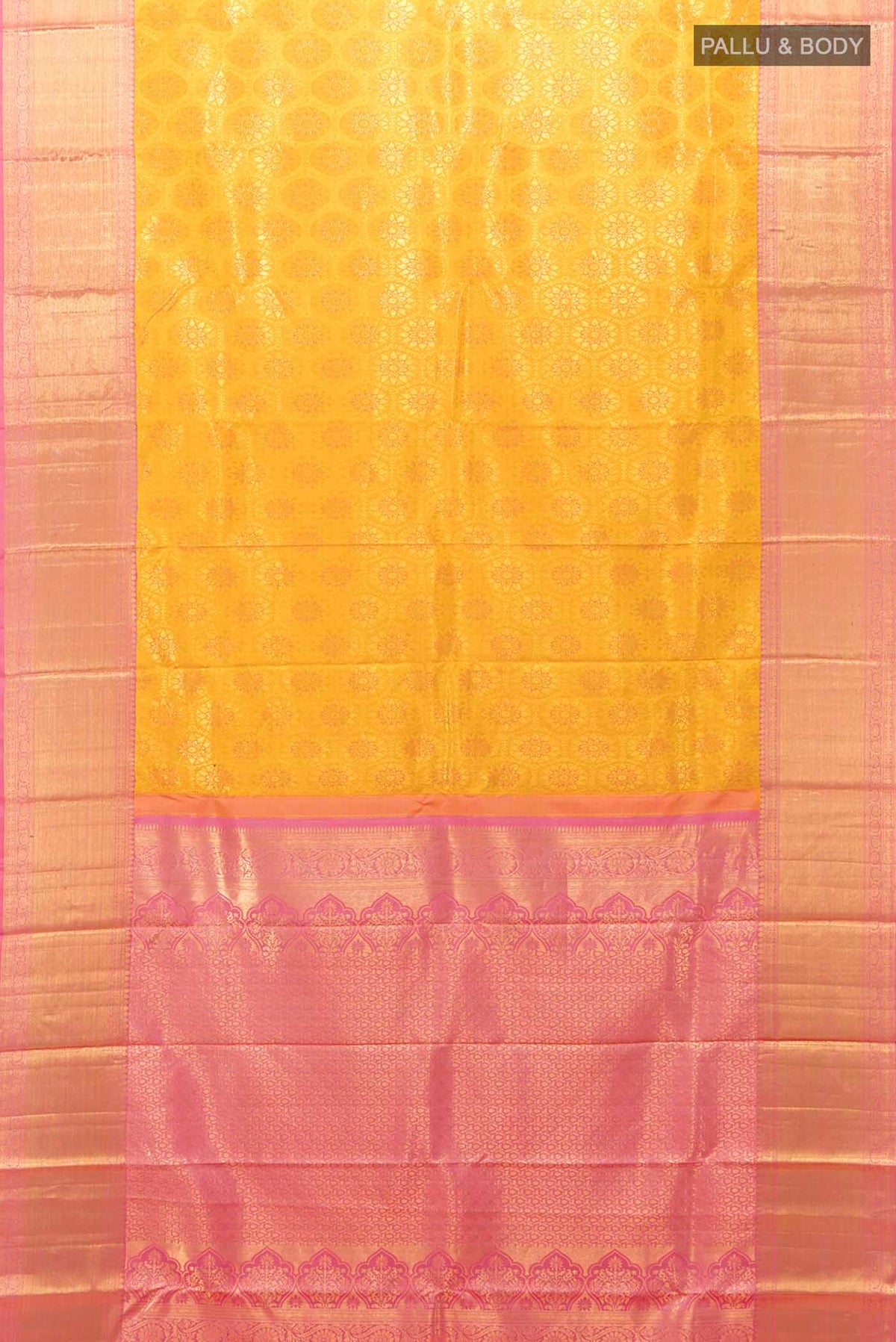 Flat view of Yellow Kanchipuram Silk Saree with Zari Brocade on the body and Zari Border
