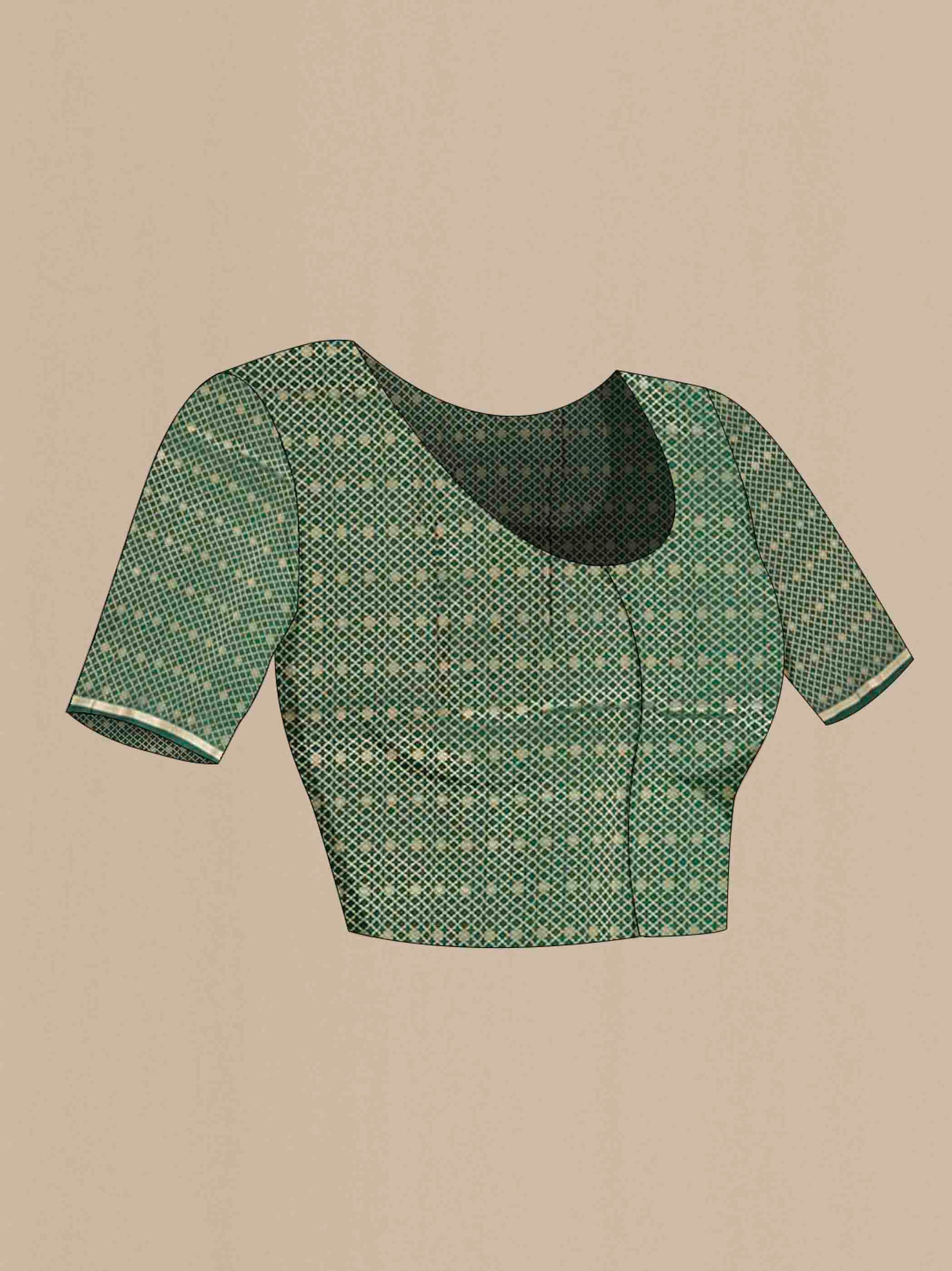 Close up image of the blouse of Bottle Green Banarasi Silk Saree with Zari Butta on the body and Thin Zari Line