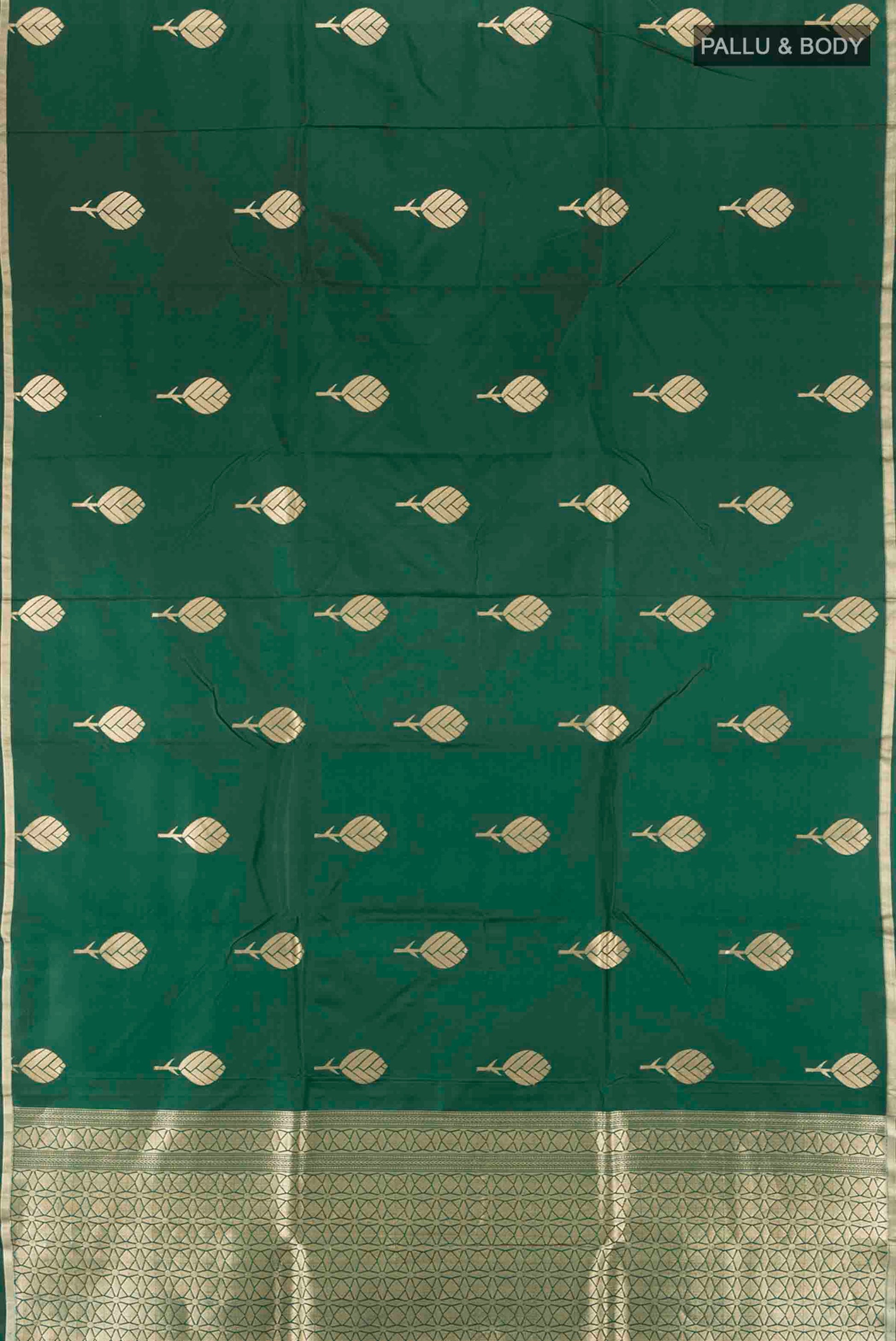 Flat view of Bottle Green Banarasi Silk Saree with Zari Butta on the body and Thin Zari Line