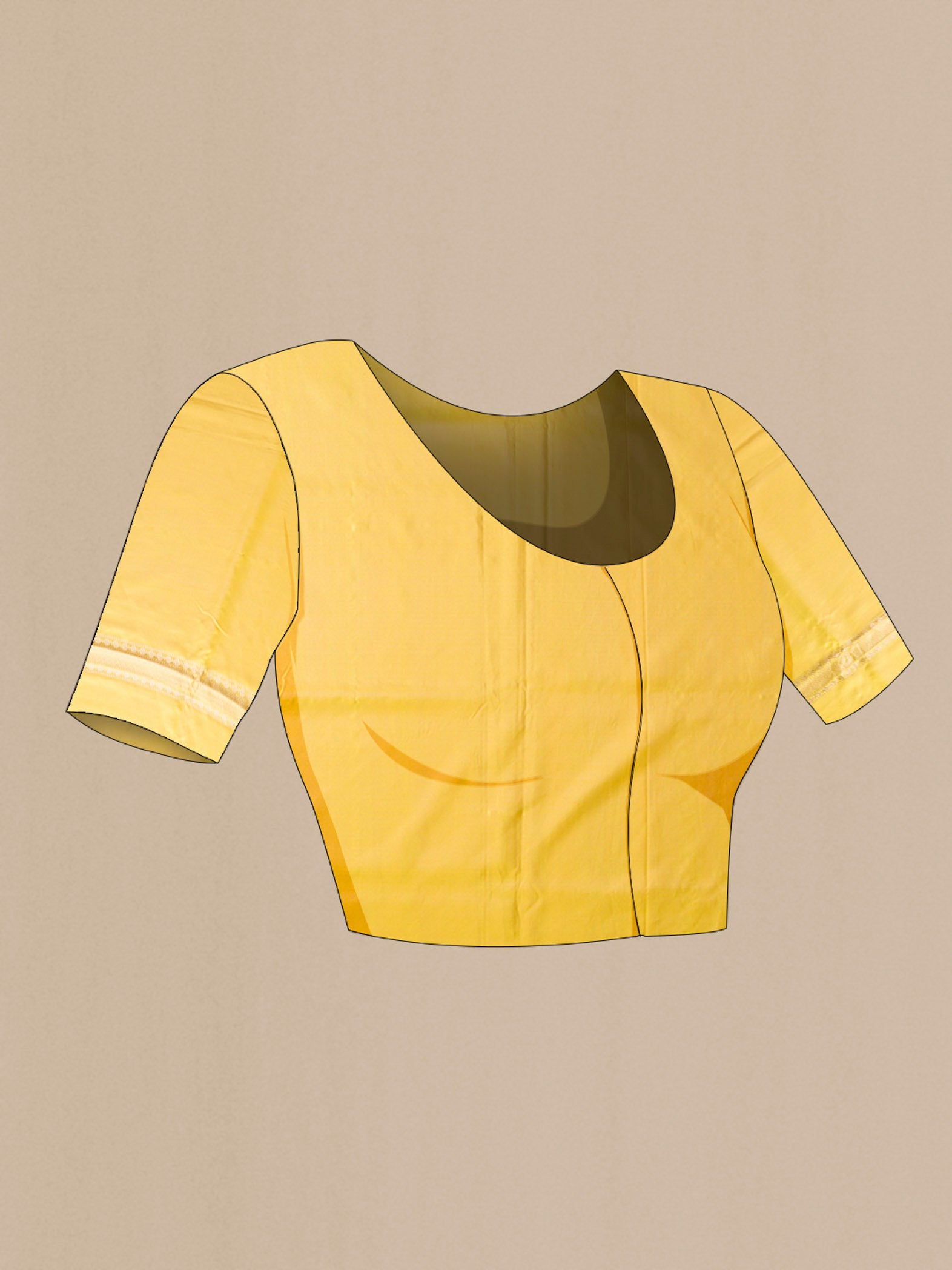Close up image of the blouse of Yellow Banarasi Silk Saree with Zig Zag design on the body and Zari Border