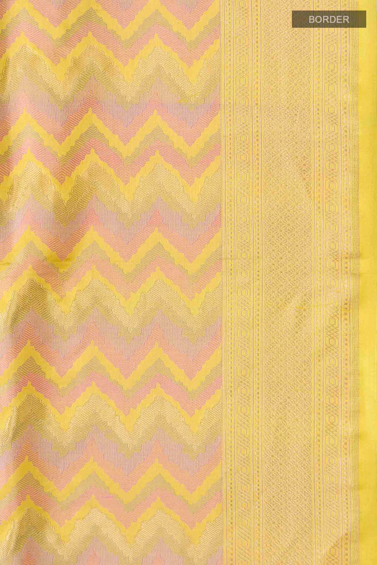 Border image of Yellow Banarasi Silk Saree with Zig Zag design on the body and Zari Border