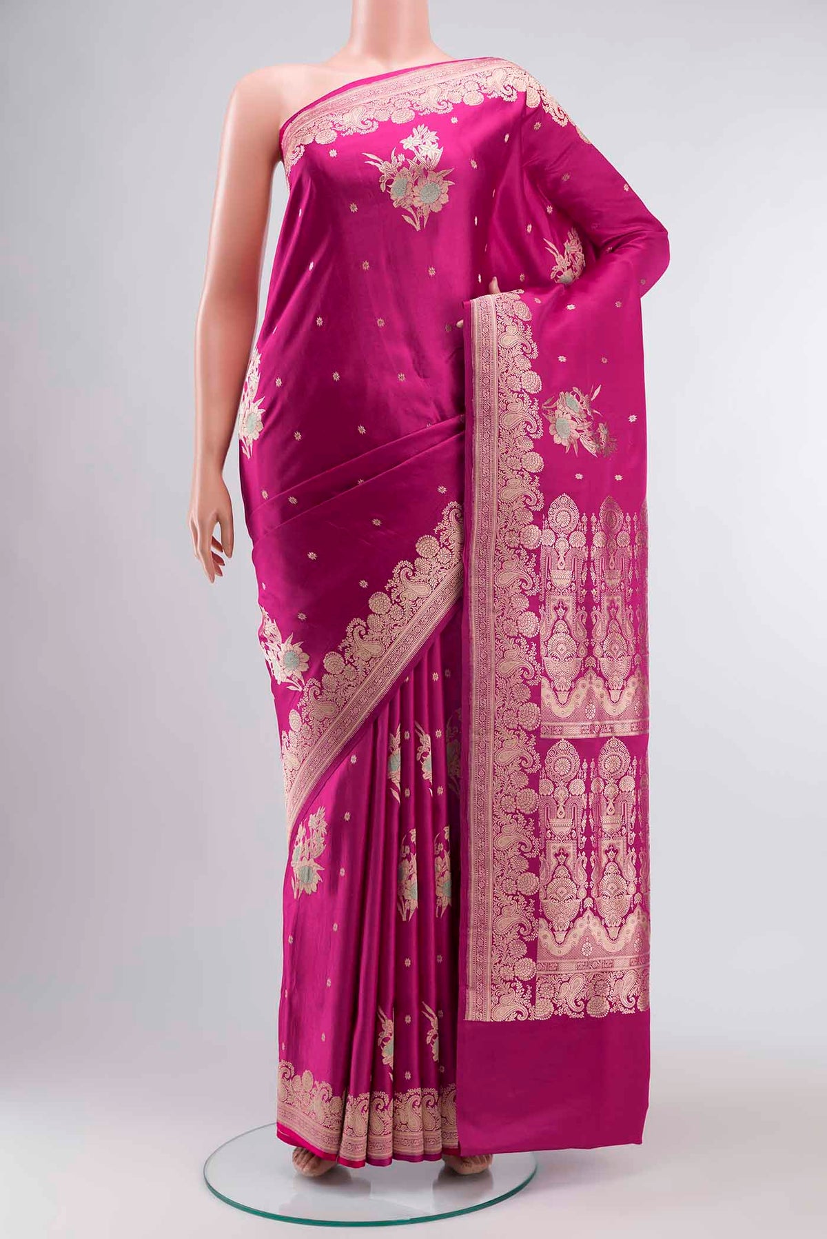 Pink Banarasi Silk Saree with Zari Butta on the body and Zari Border displayed on a mannequin