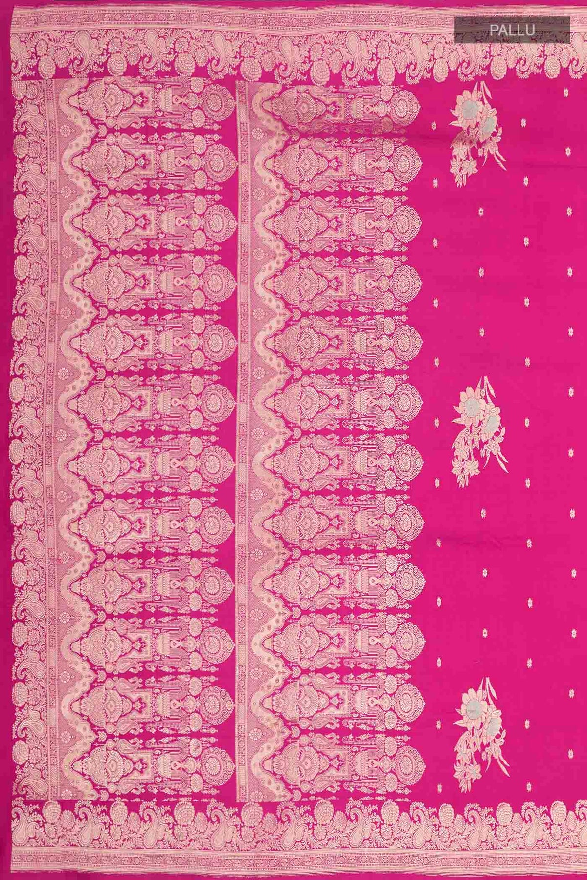 Close up image of the pallu of Pink Banarasi Silk Saree with Zari Butta on the body and Zari Border