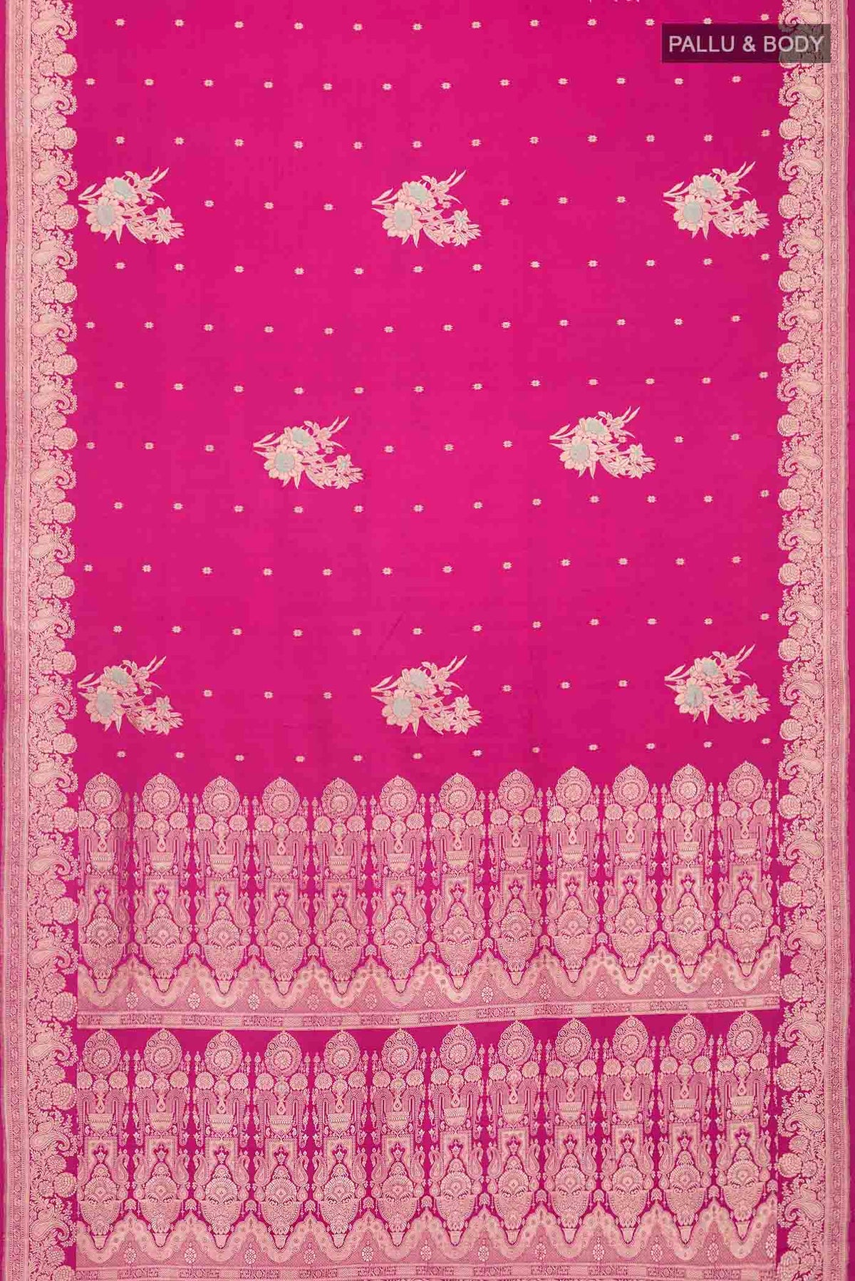 Flat view of Pink Banarasi Silk Saree with Zari Butta on the body and Zari Border