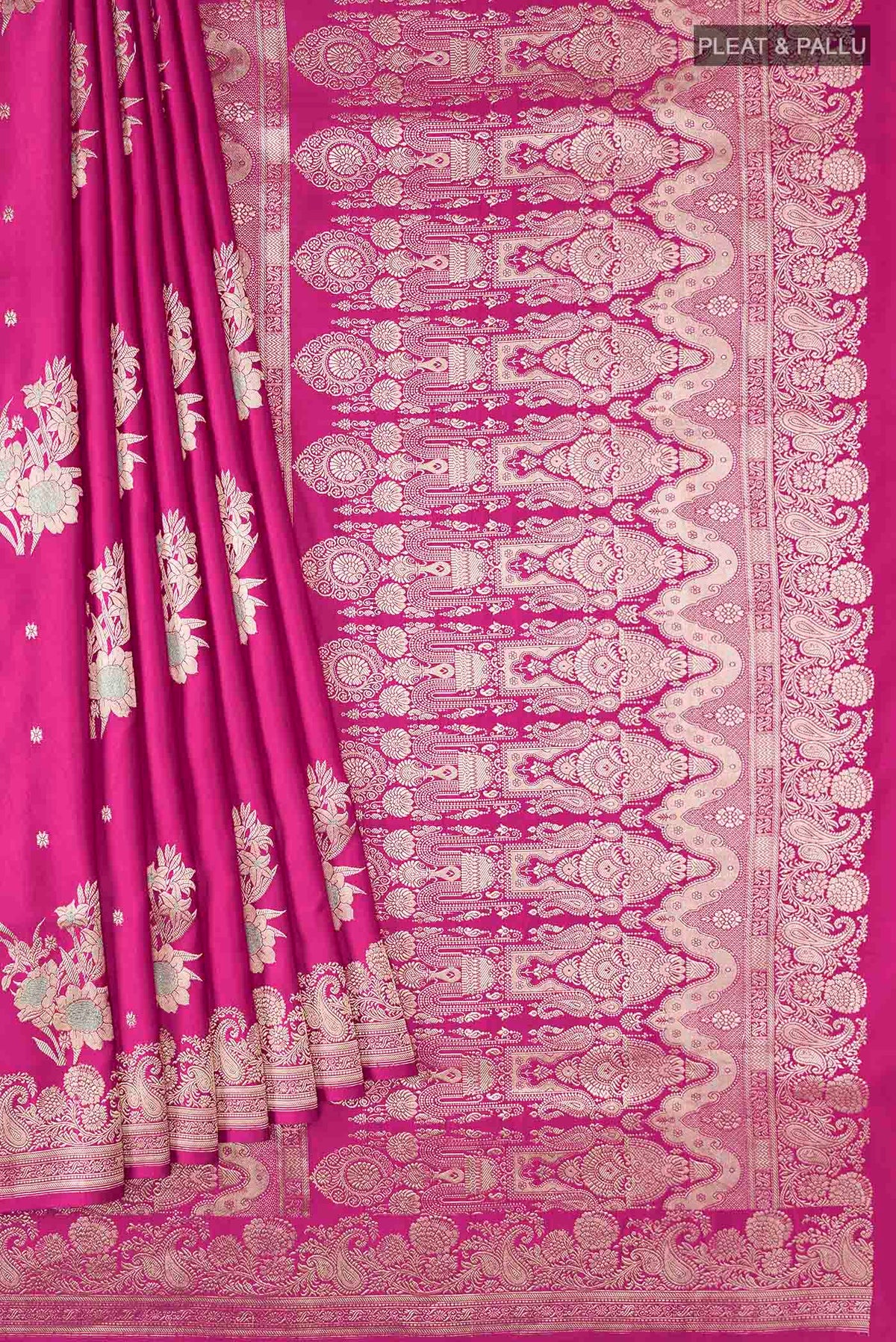 Pleats and pallu of Pink Banarasi Silk Saree with Zari Butta on the body and Zari Border