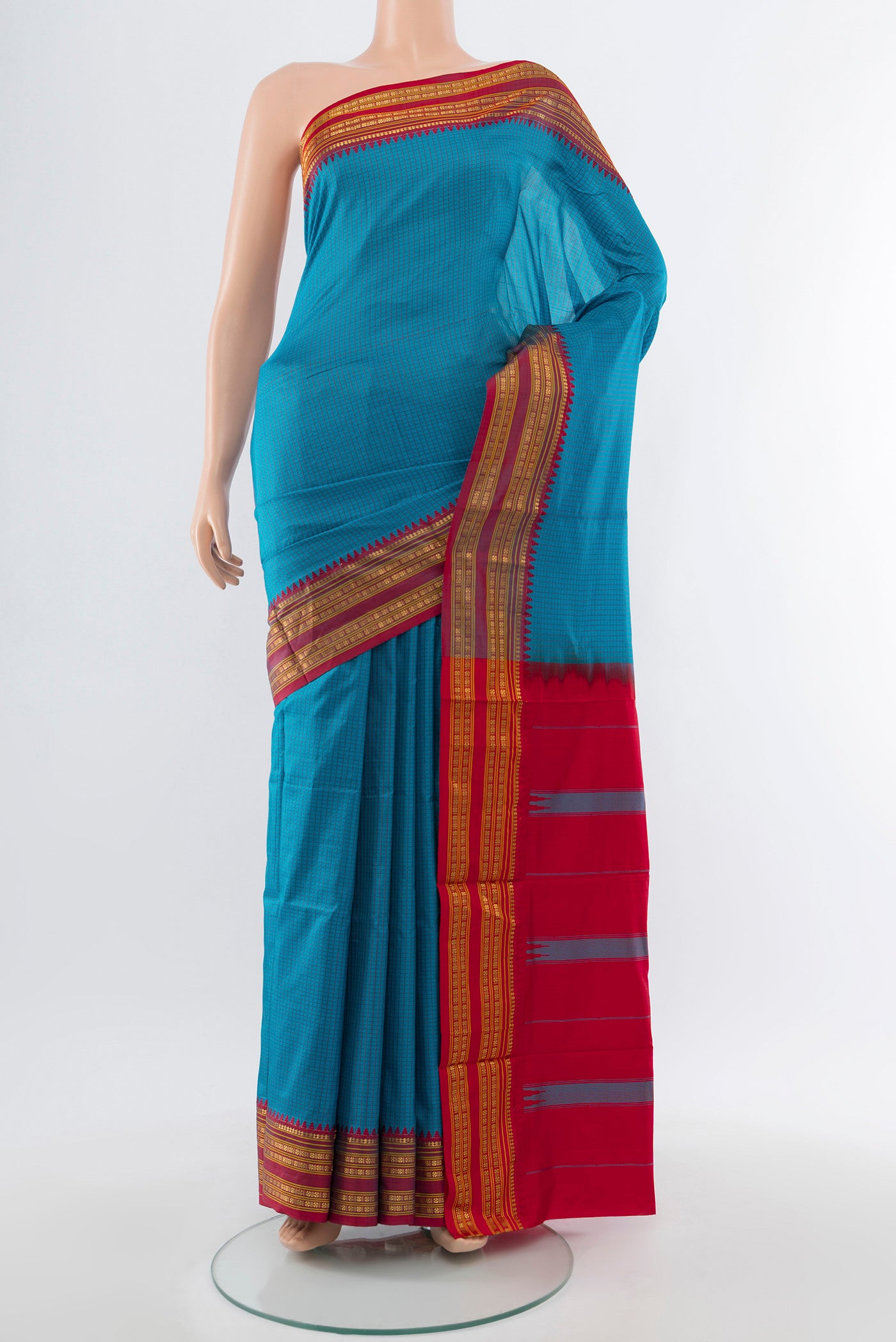 Dark Blue Narayanpet Silk Saree with Checked design on the body and Silk Border.  displayed on a mannequin