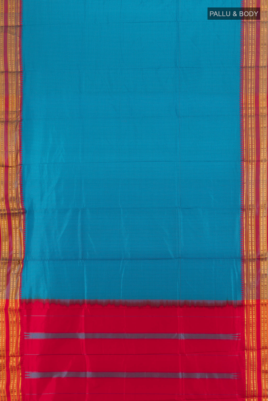 Flat view of Dark Blue Narayanpet Silk Saree with Checked design on the body and Silk Border. 