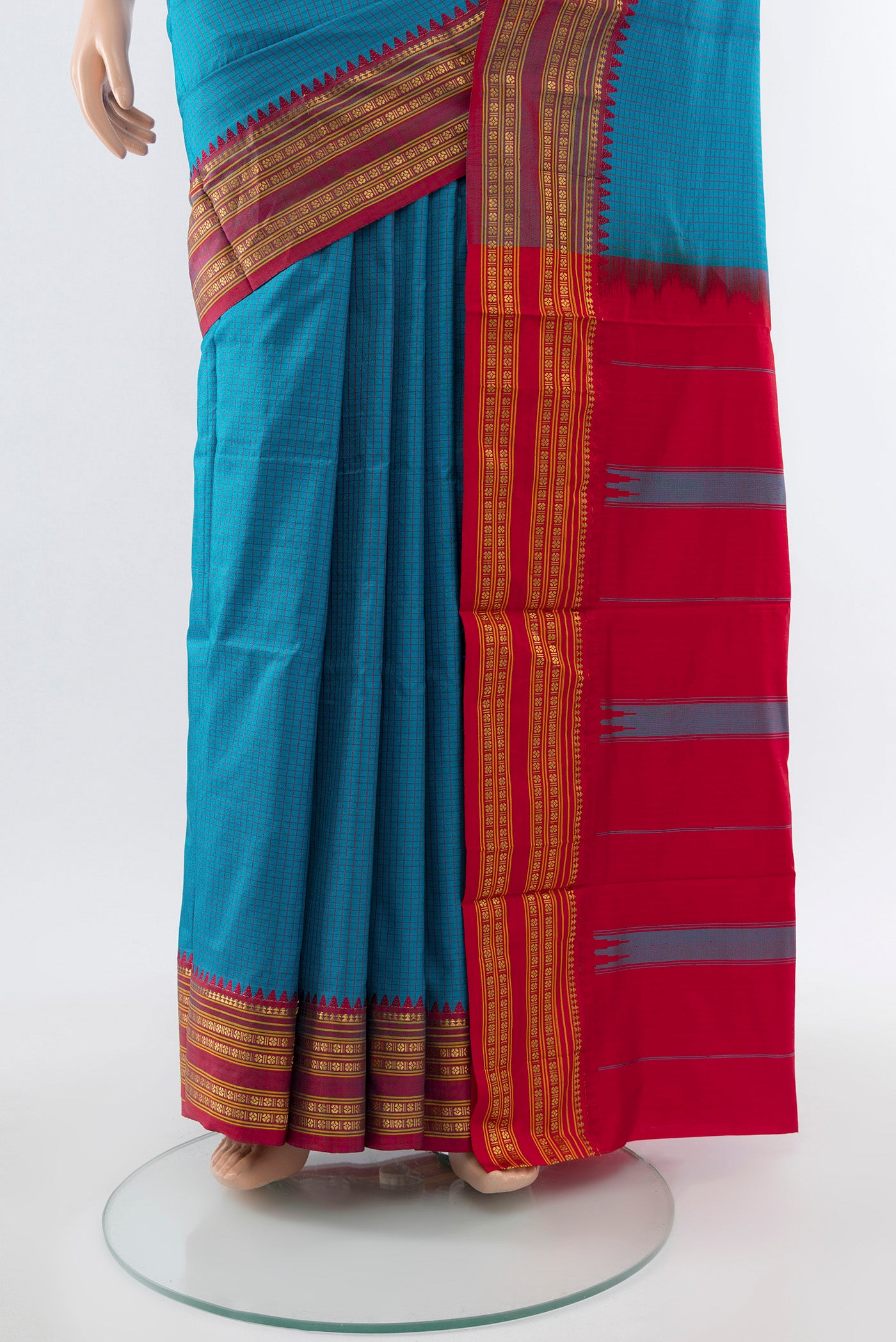 Pleats and pallu of Dark Blue Narayanpet Silk Saree with Checked design on the body and Silk Border. 