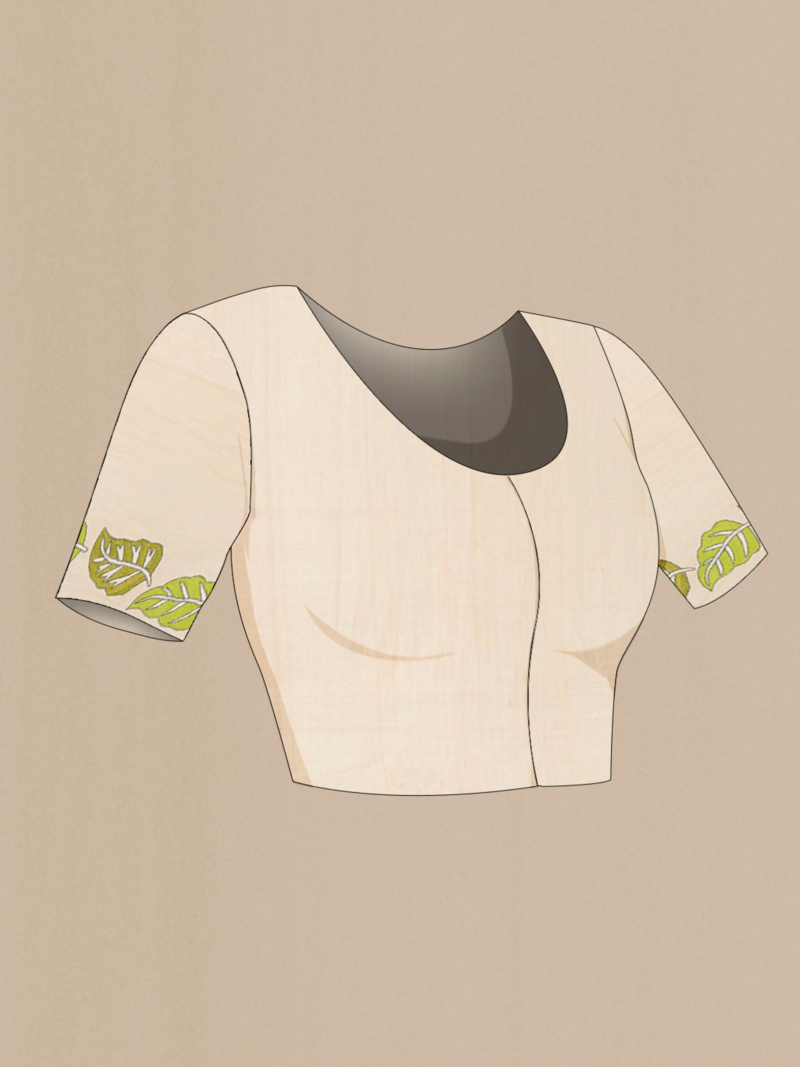 Close up image of the blouse of Cream Tussar Silk Saree with Embroidery on the body and Silk Border
