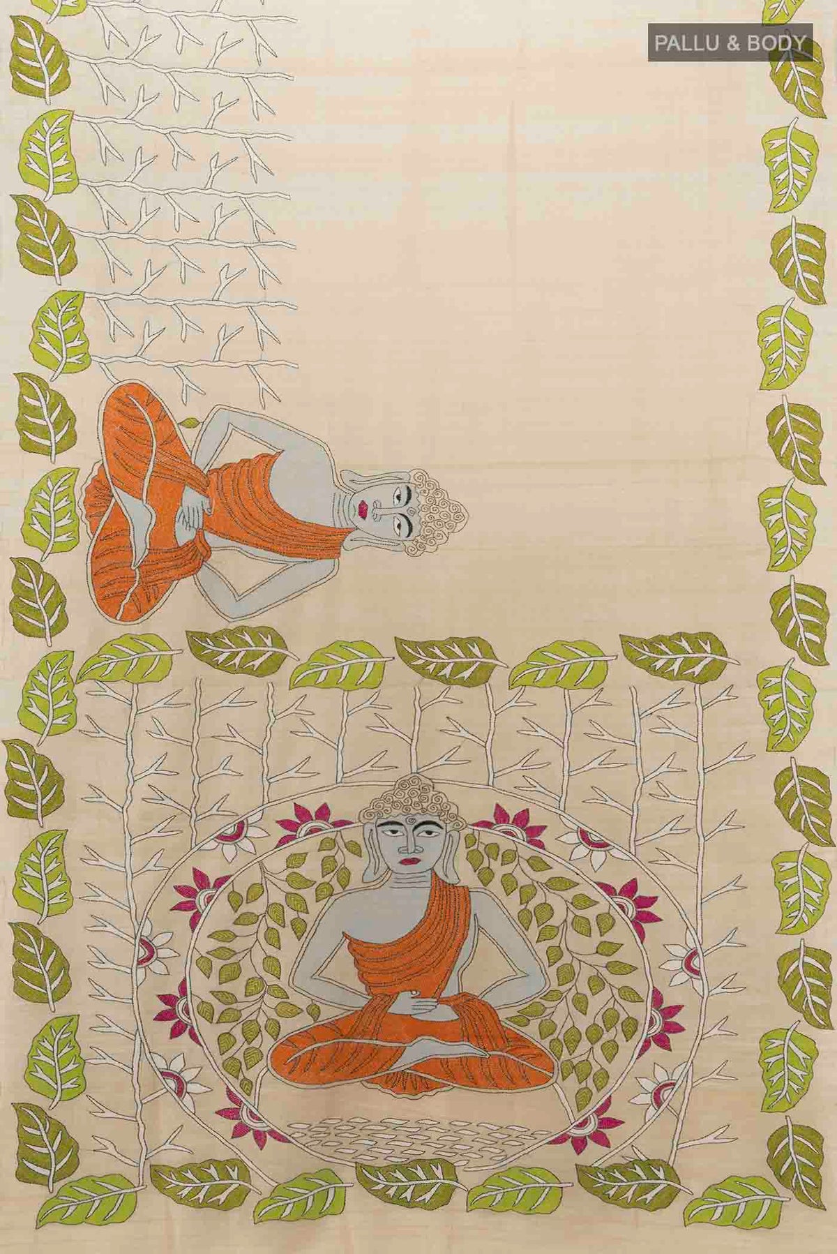 Flat view of Cream Tussar Silk Saree with Embroidery on the body and Silk Border