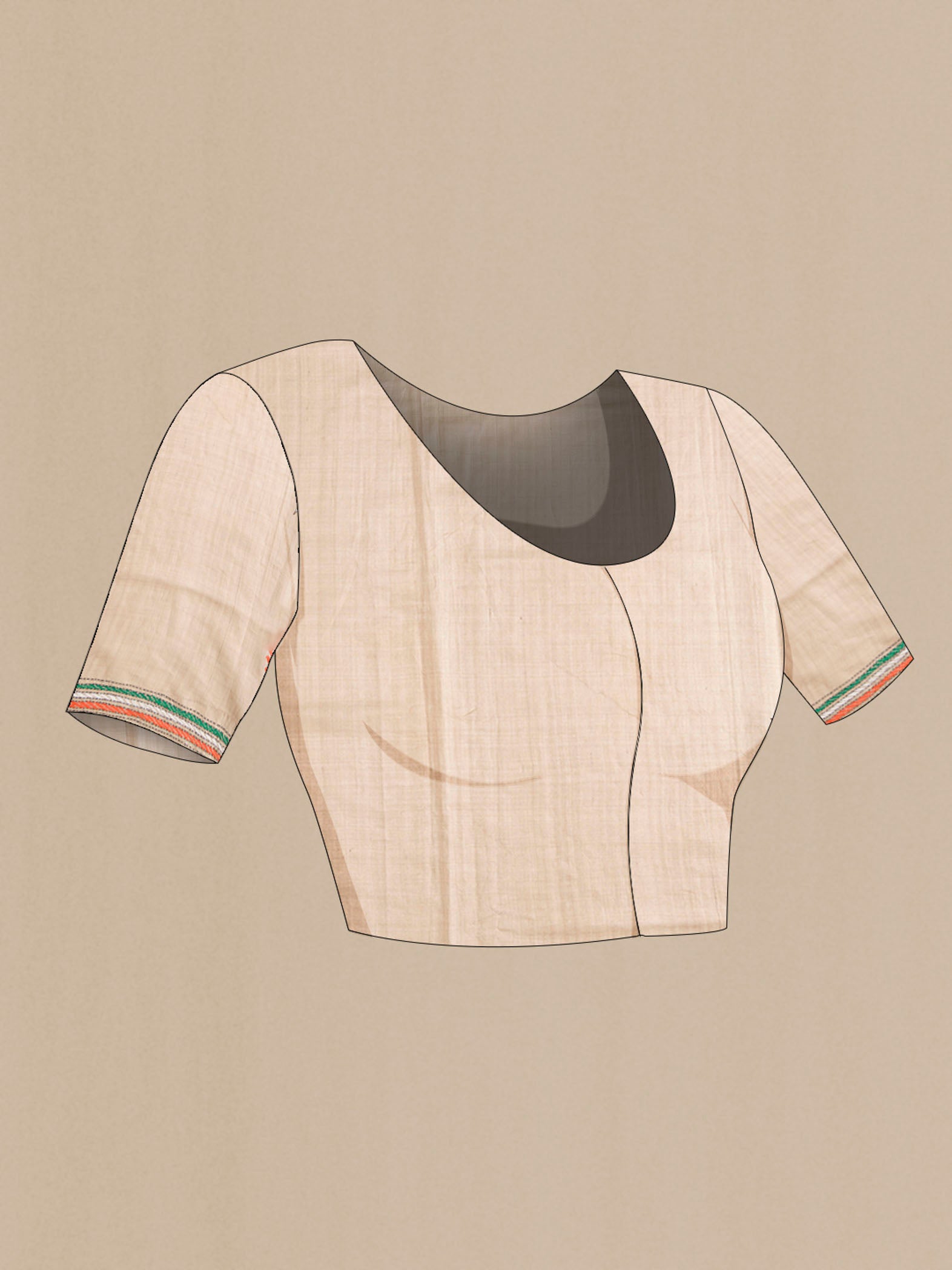 Close up image of the blouse of Beige Bhagalpuri Tussar Silk Saree with Embroidery on the body and Embroidery Border