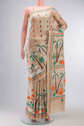 Beige Bhagalpuri Tussar Silk Saree with Embroidery on the body and Embroidery Border displayed on a mannequin