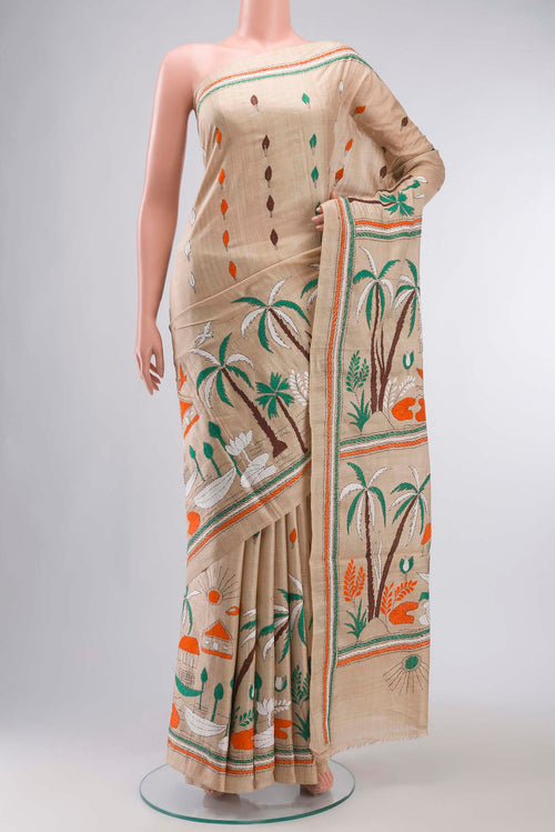 Beige Bhagalpuri Tussar Silk Saree with Embroidery on the body and Embroidery Border displayed on a mannequin