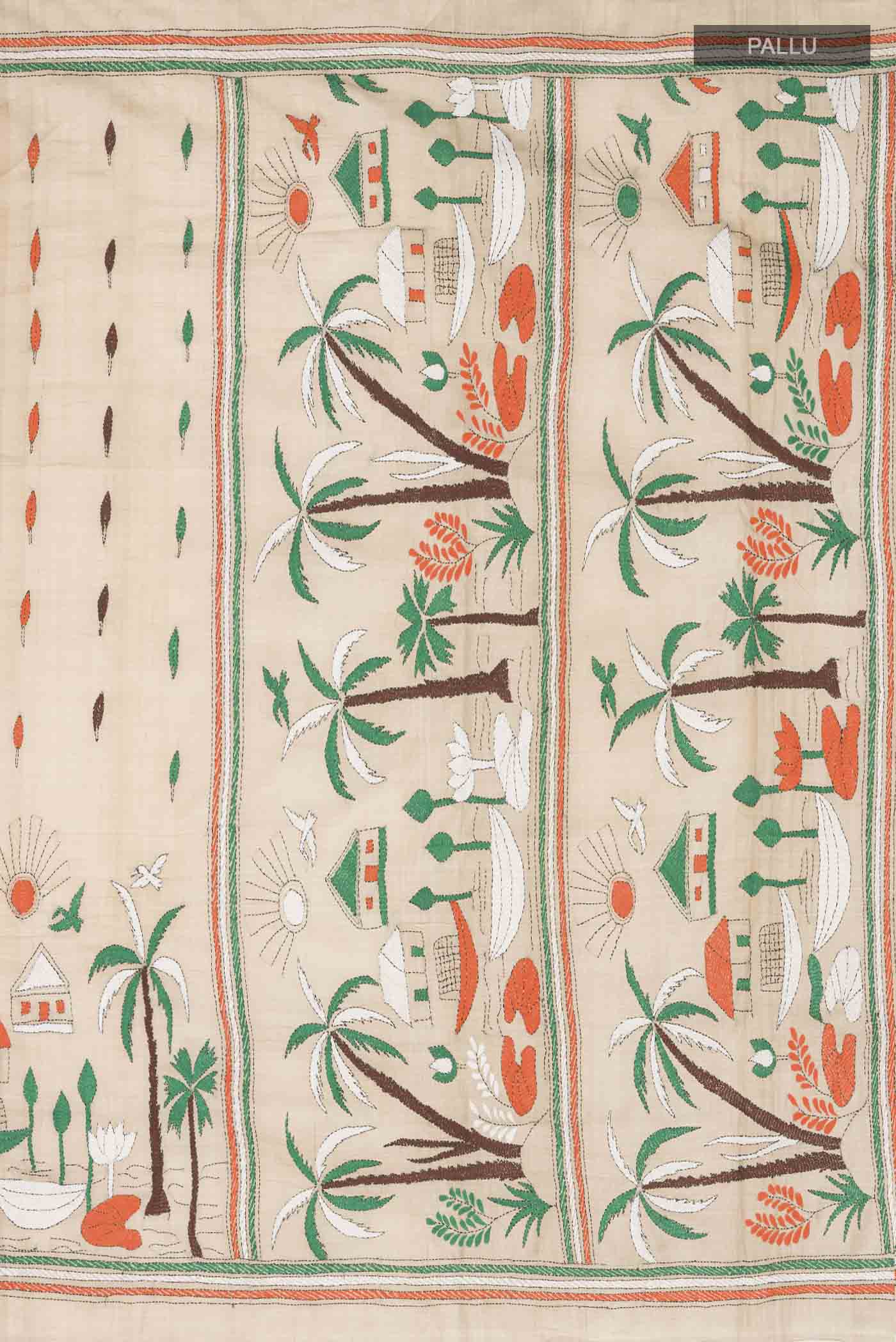 Close up image of the pallu of Beige Bhagalpuri Tussar Silk Saree with Embroidery on the body and Embroidery Border