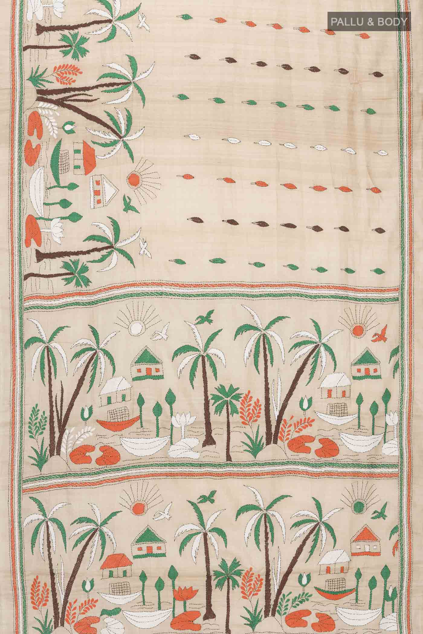 Flat view of Beige Bhagalpuri Tussar Silk Saree with Embroidery on the body and Embroidery Border